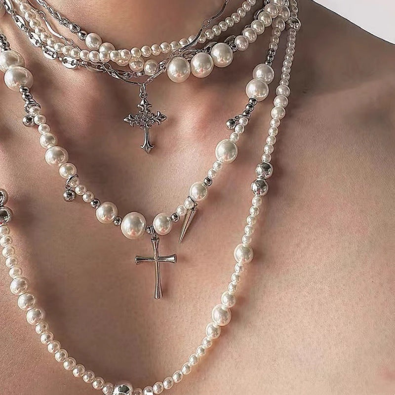 Layered Pearl Cross Rivet Clavicle Necklace