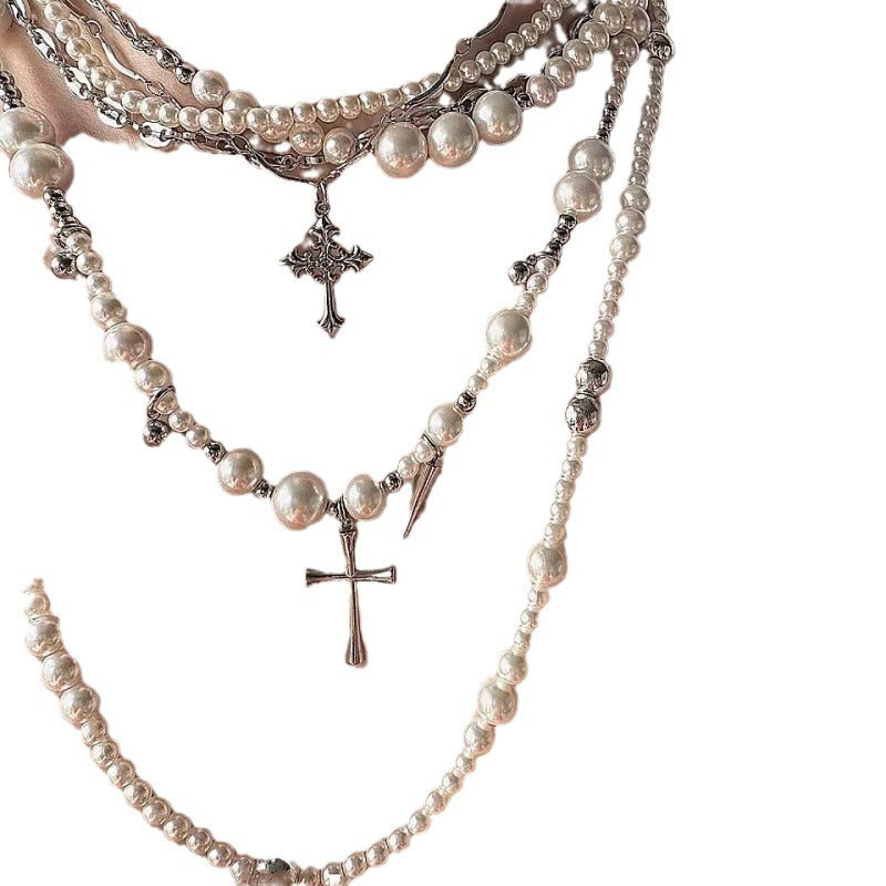 Layered Pearl Cross Rivet Clavicle Necklace