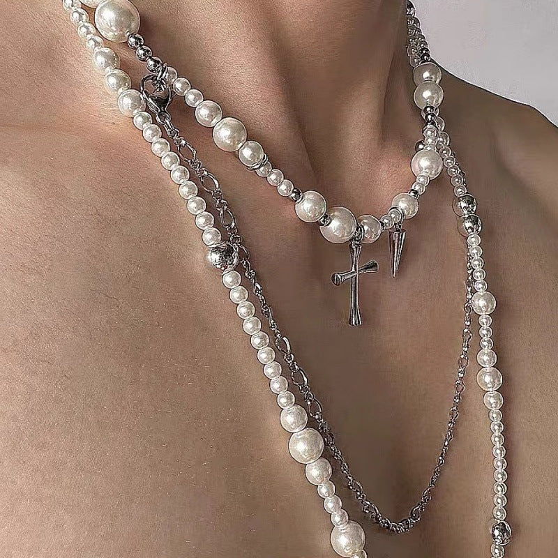 Layered Pearl Cross Rivet Clavicle Necklace