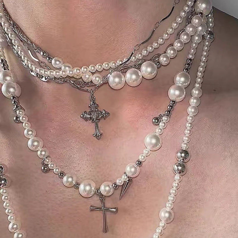 Layered Pearl Cross Rivet Clavicle Necklace