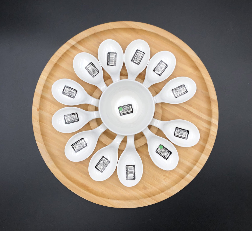 Large Party Serving Tray With 12 Shooter Spoons And Condiments Dish For The Center