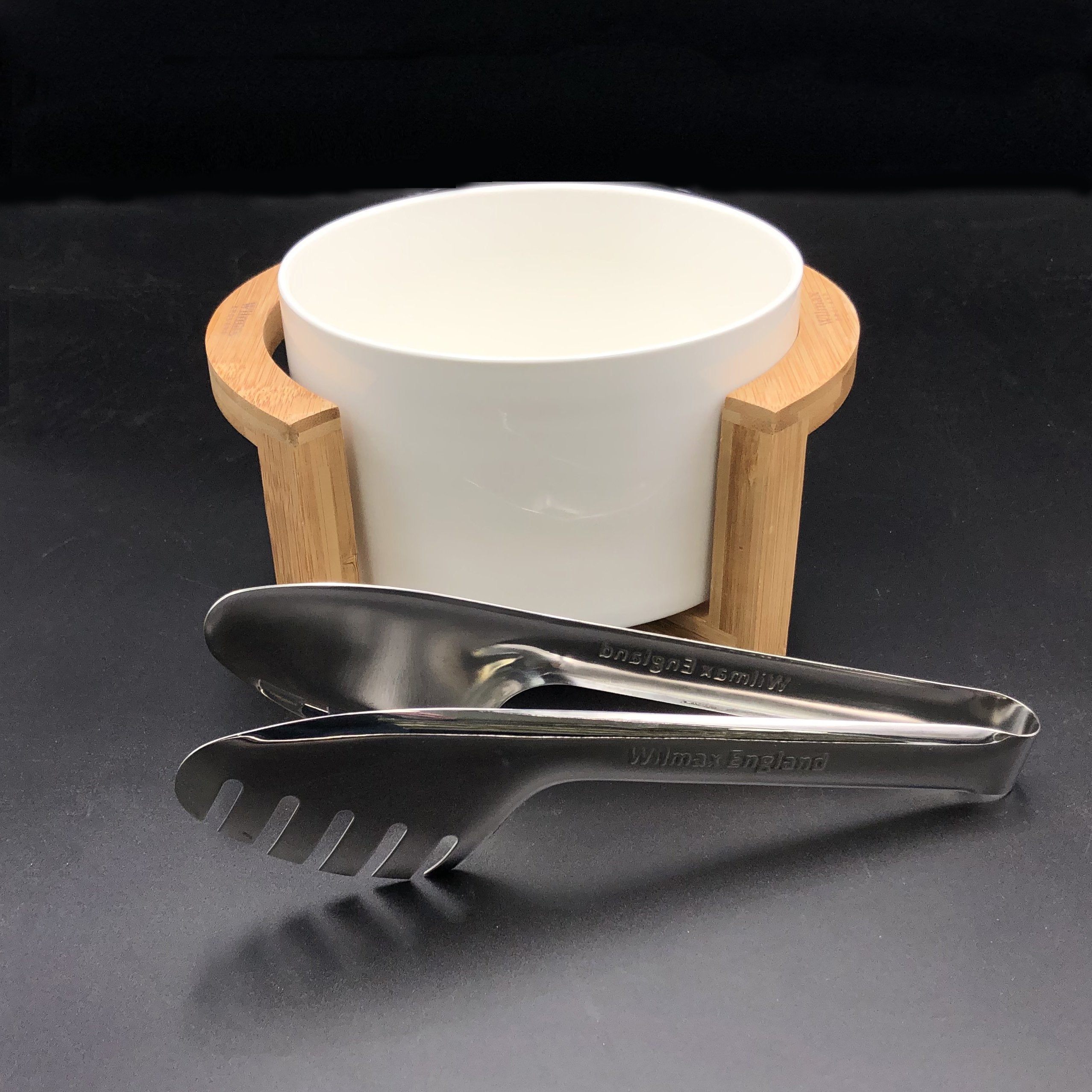 Medium Salad Bowl Set With Serving Tongs And A Bamboo Stand