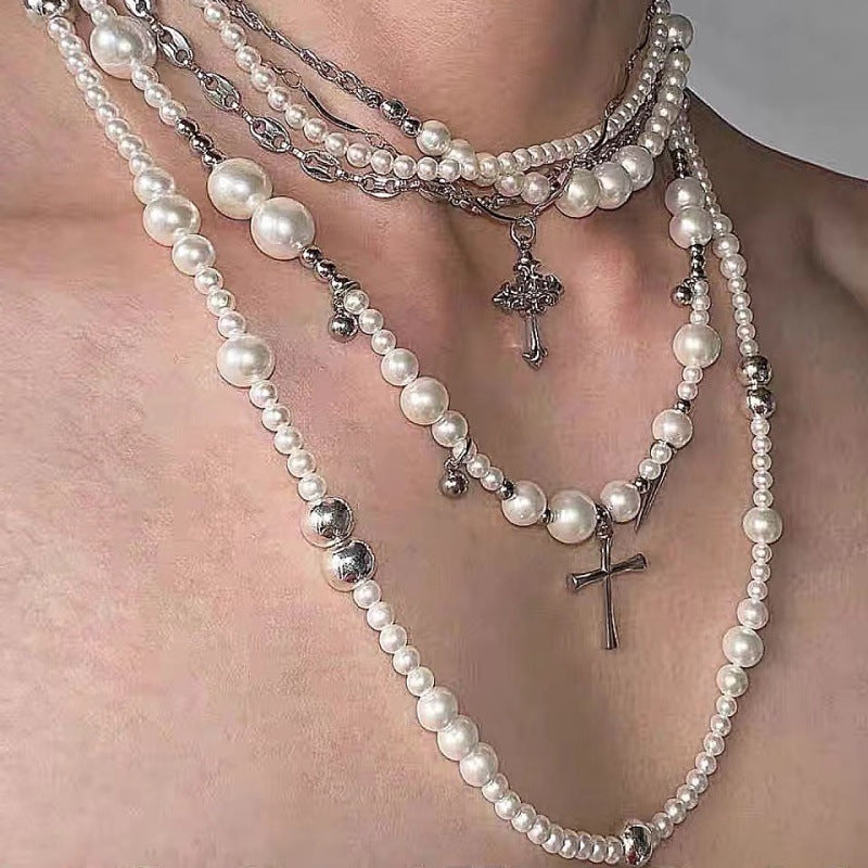 Layered Pearl Cross Rivet Clavicle Necklace