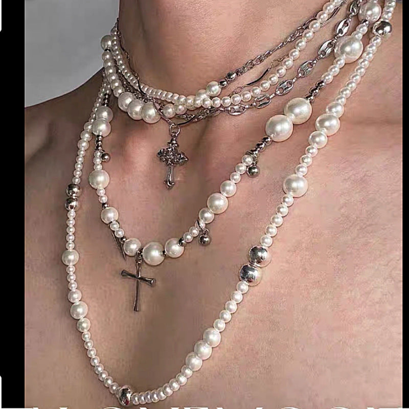 Layered Pearl Cross Rivet Clavicle Necklace